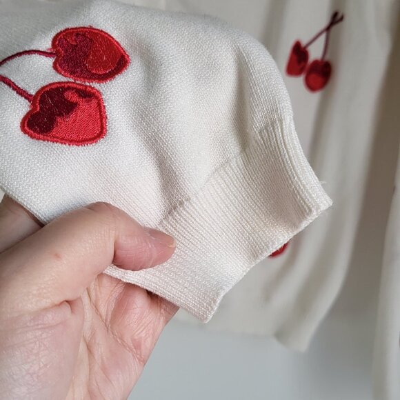 Cherry Embroidered Cardigan • White Knit Button-Up Sweater • S - Picture 5 of 6